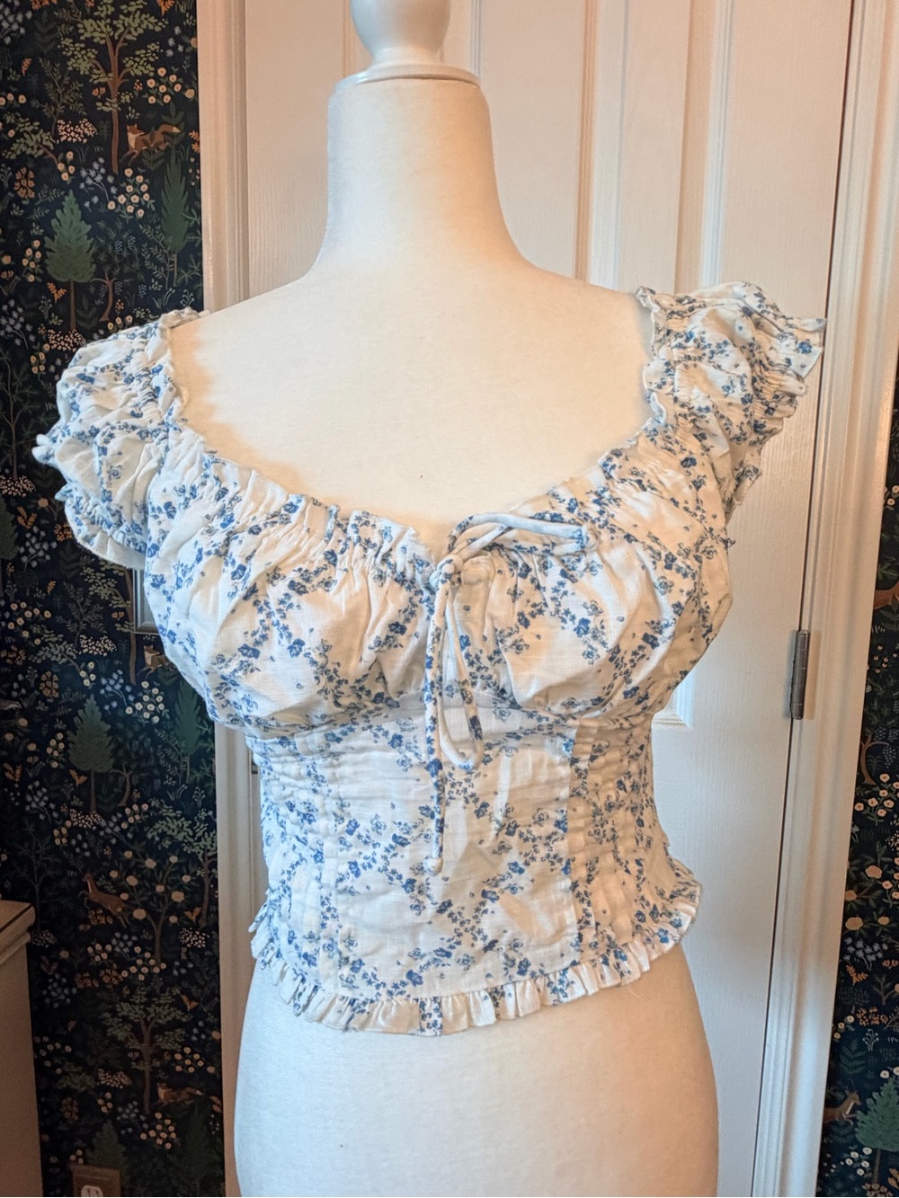 Cotton On Blue and White Floral Ruffled Crop Top